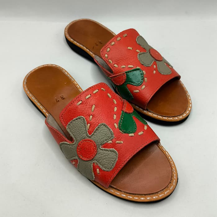 Sandalia de Couro Chinelo de Couro Legitimo Confortavél de Flor Bordado Laranja