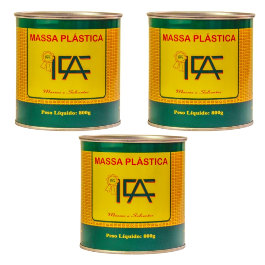Caixa com 3 Massa Plástica ICA 800g Branca / Cinza / Preta