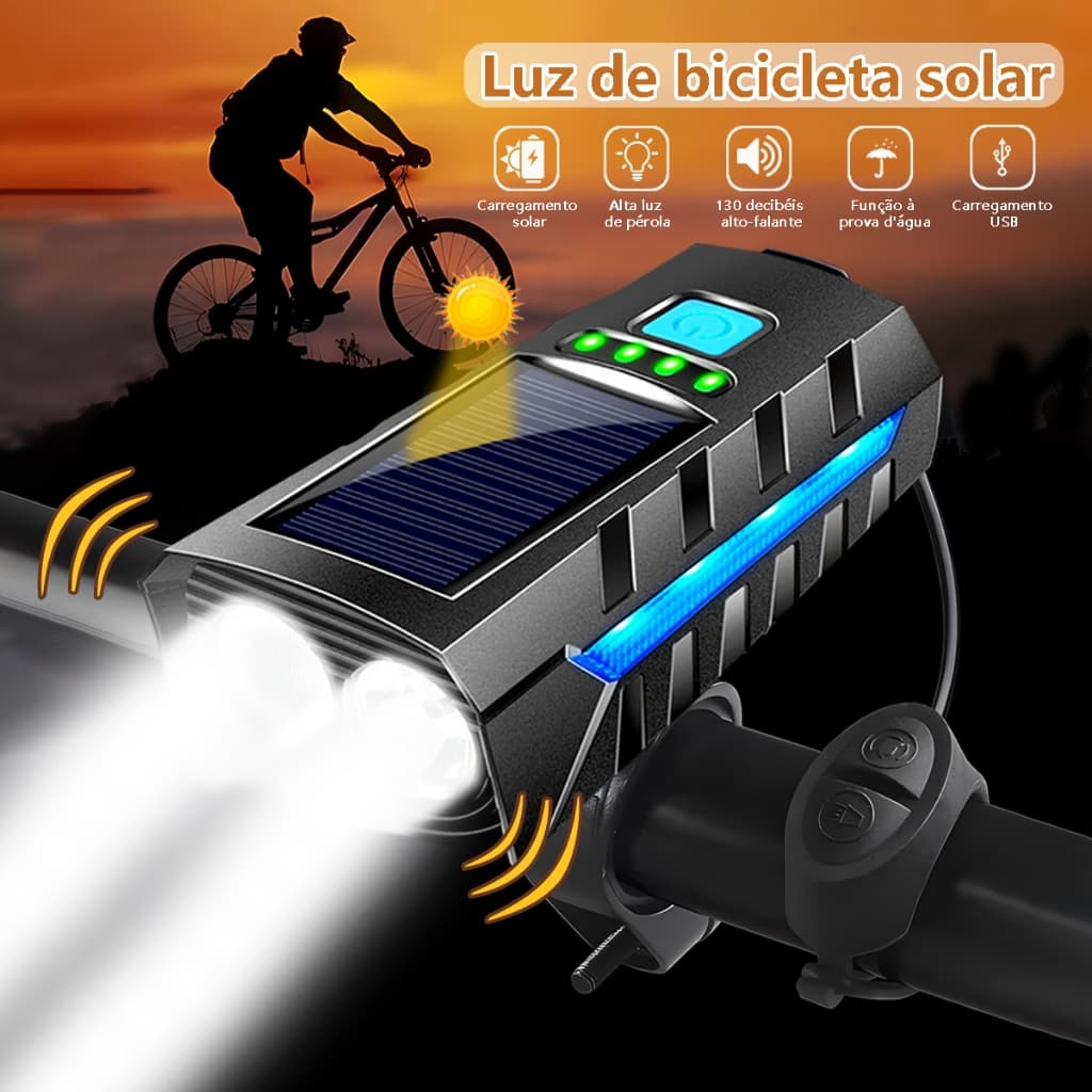 Farol Lanterna De Bike Moto Com Luz Solar E Usb Recarregável Forte E Buzina Para Segurança Noturna