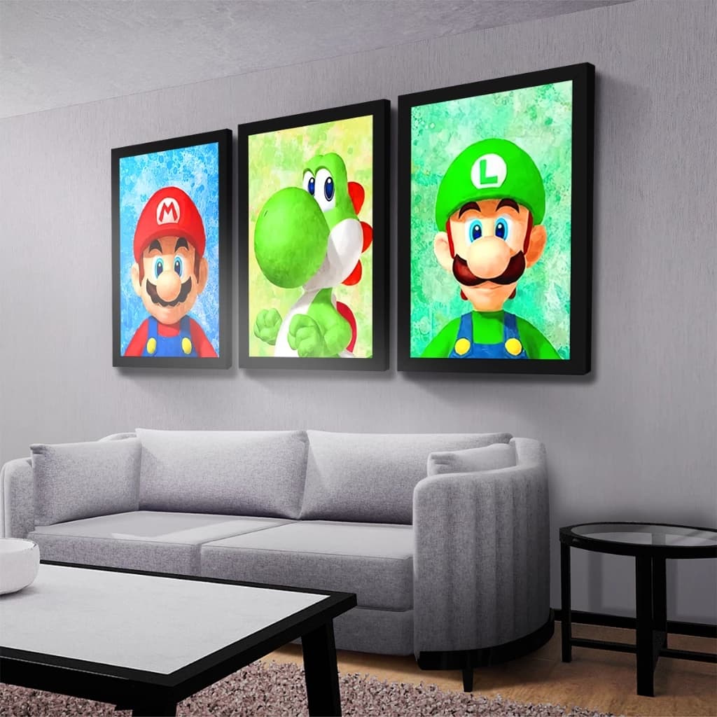 Quadros Decorativos Super Mario Bros World 3 Peças Mosaico Sala Quarto Escritório