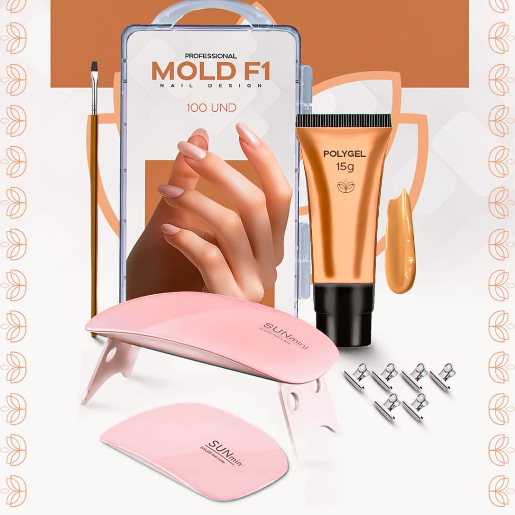 kit polygel Completo Alongamento Unhas Cabine Unha Gel 100 Unidades Molde F1 Poligel