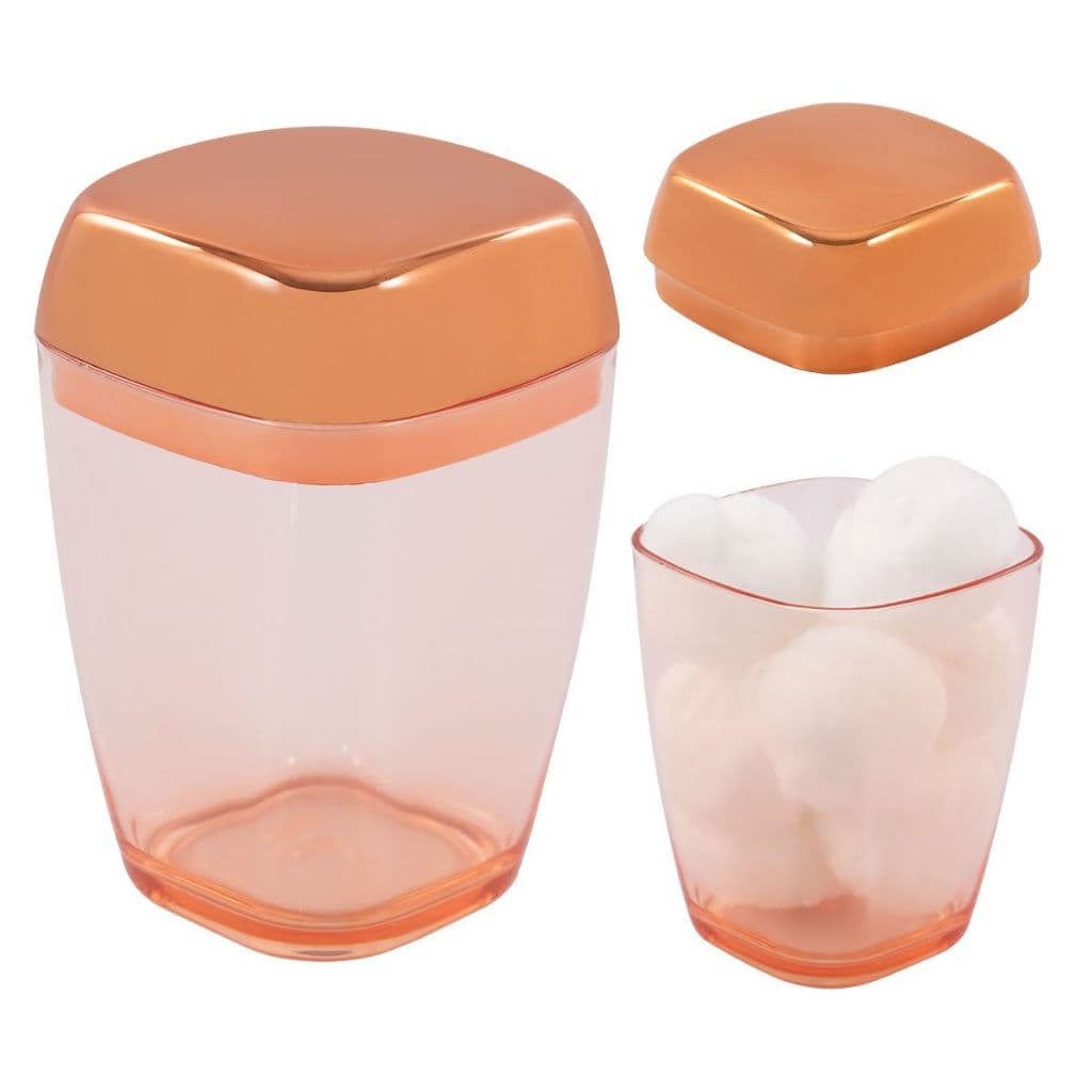 Porta Algodão E Cotonete Translúcido Com Tampa Rosé Gold Brilhante Organizador Multiuso Para Banheiro Lavabo Pia