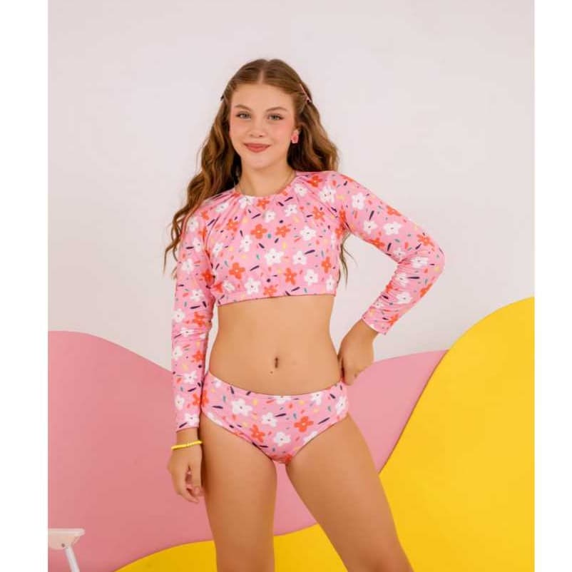 Biquíni Cropped Infantil Juvenil Manga Longa com Calcinha Estampada e Proteção UV50+ Moda Praia