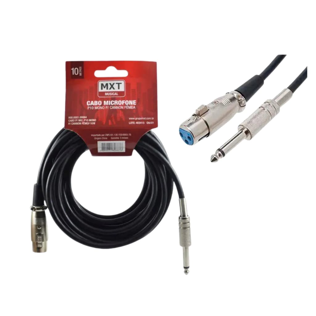 Cabo Para Microfone P10 Mono Para Cannon Femea 10 Metros - MXT