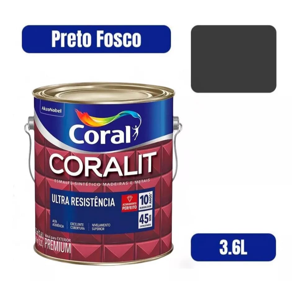 Tinta Esmalte Premium Coralit Preto Fosco 3,6L Ultra Resistência