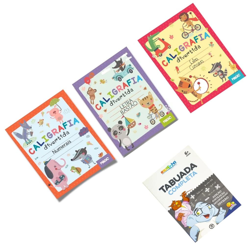 Kit 4 Livros Pedagógicos Caligrafia Divertida Letra Bastão e Cursiva, Numerais e Tabuada Completa