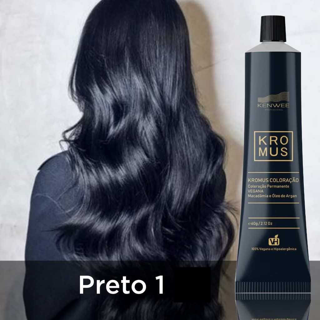 Coloração Permanente 100% Vegana e Hipoalergênica Cor Preto Kromus Kenwee 60g (c/ Desconto no Atacado)