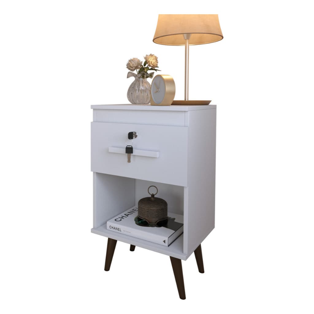 Mesa De Cabeceira Luxo 1 Gaveta E Nicho Retrô Para Quarto Cor Branco