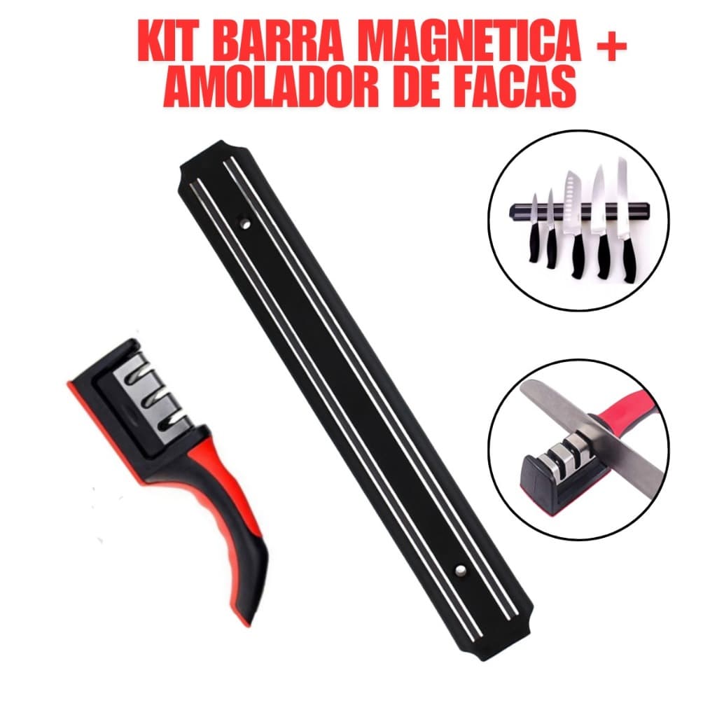 Kit Barra Magnética Imã Suporte 33cm + Afiador De Facas 3 Fases Cozinha Churrasqueira Oficina