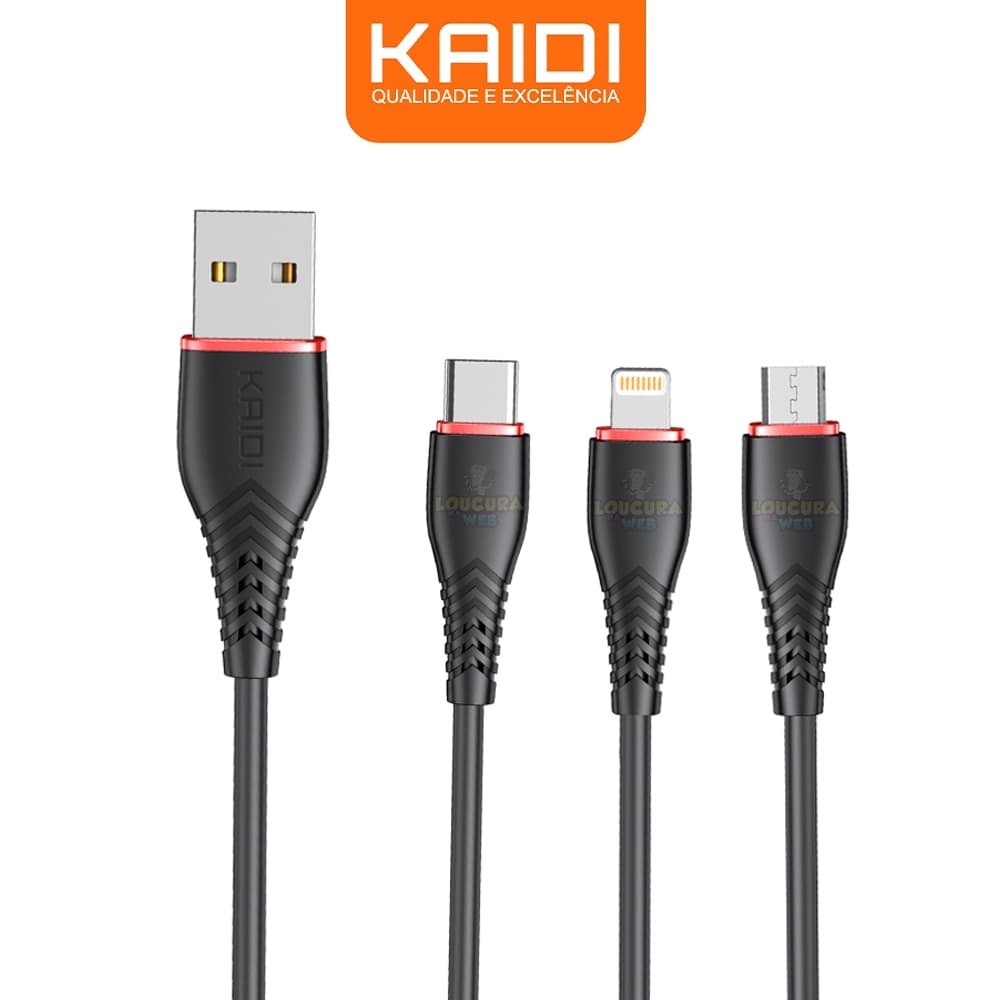 Cabo Carregador Kaidi 3 Em 1 Para iPhone, Tipo-c E Micro Usb Cor Preto