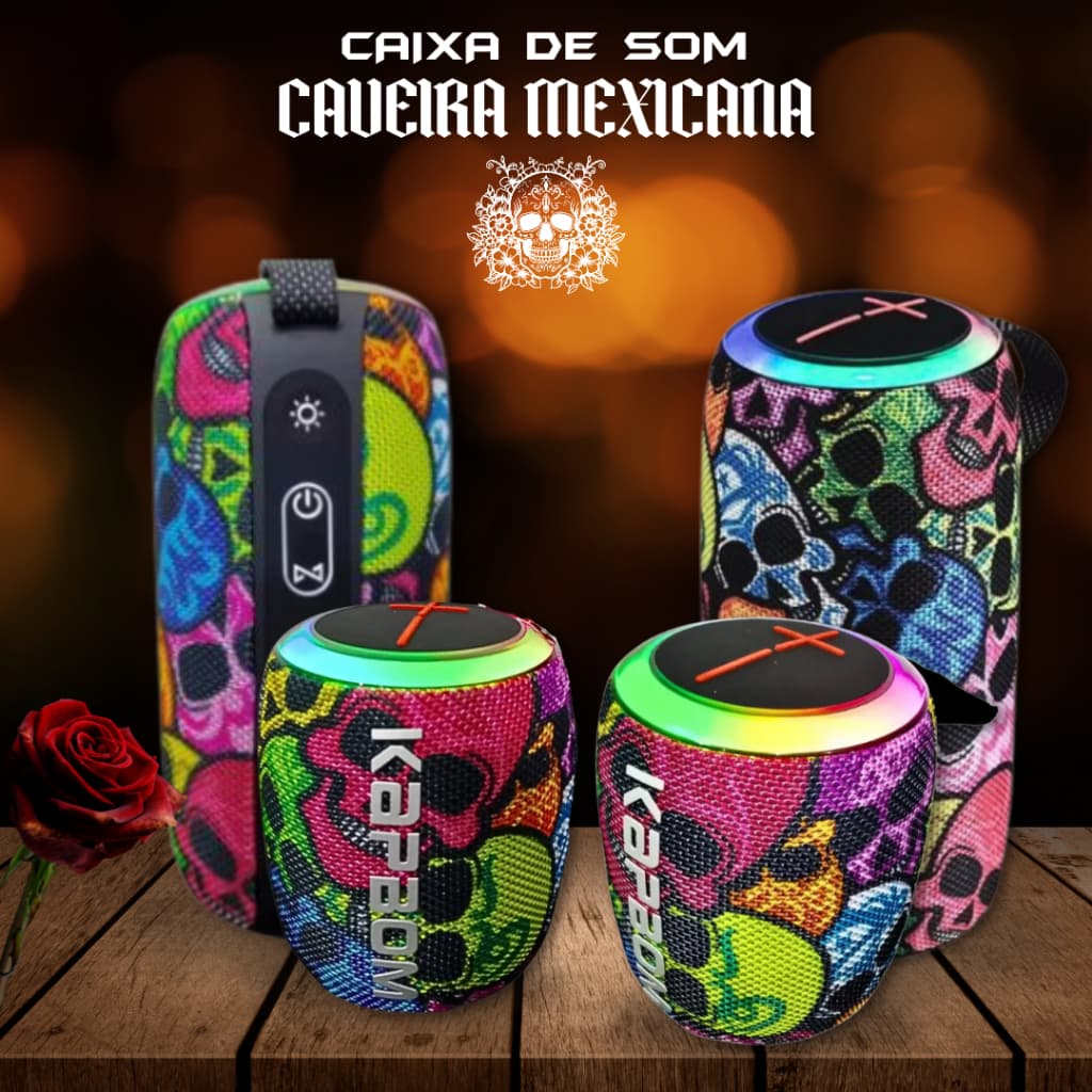 Caixa de Som Bluetooth Portátil Caveira Mexicana Colorida Potente Prova d'Água LED Kapbom