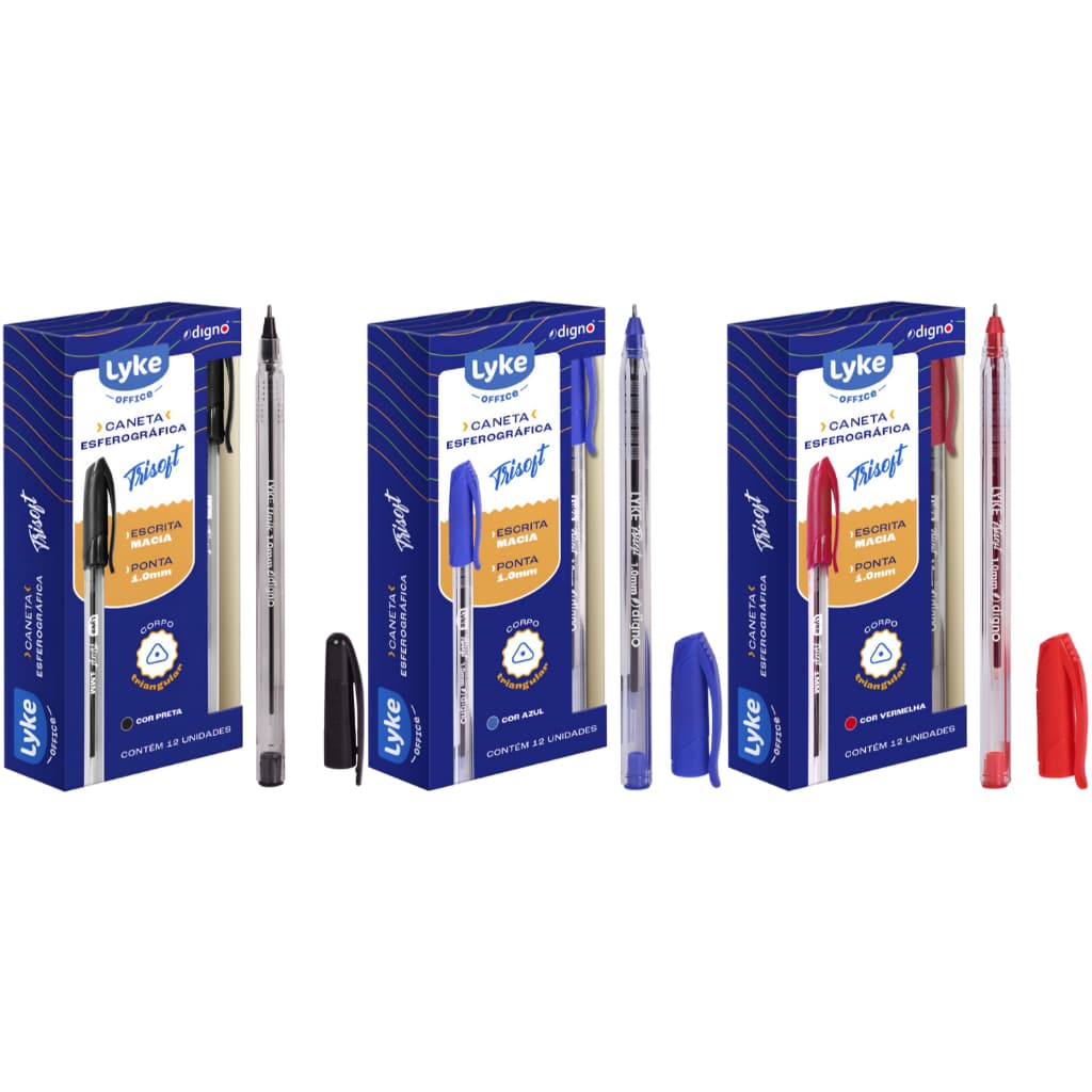 Kit 12 Unidades Canetas Esferográfica Ponta Média 1.0mm Tinta Cor Azul Preto Vermelho