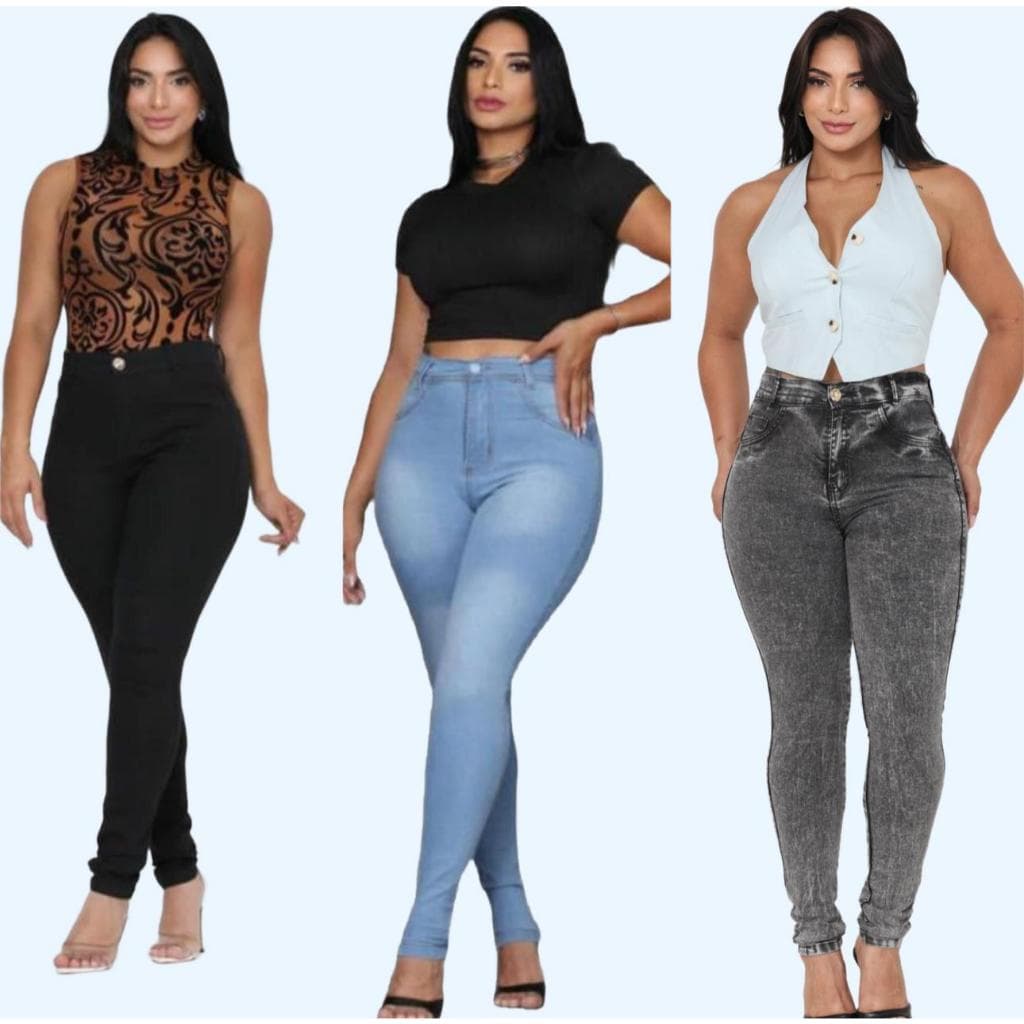 Kit com 3 Calças Jeans Femininas Cintura Alta com Lycra