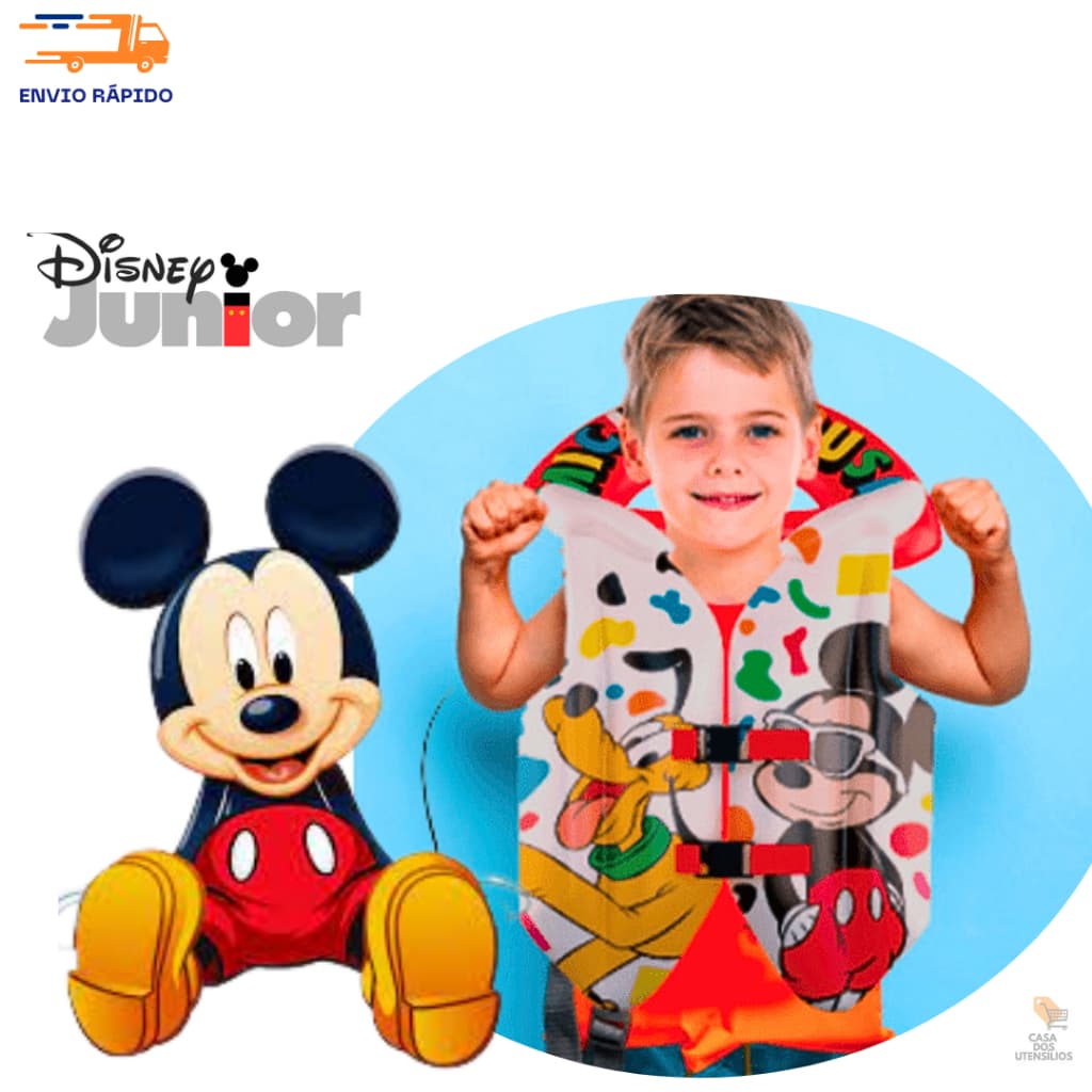 Colete Inflável Infantil Mickey 43 x 35cm Boia Piscina Praia Flutuante Água