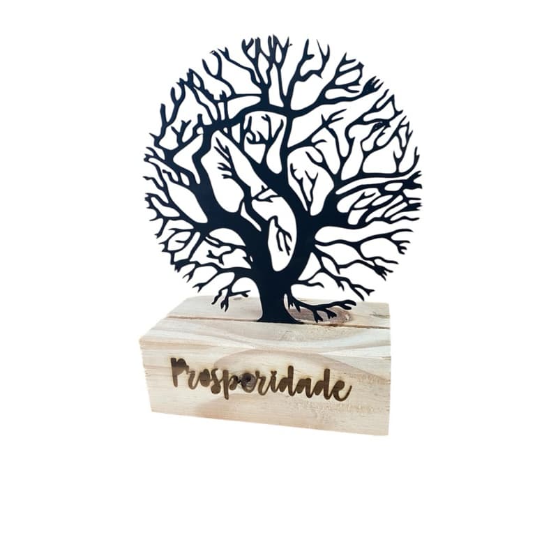 Escultura árvore da vida redonda mandala  decorativa palavra prosperidade em base de pinus retangular palavra  a laser