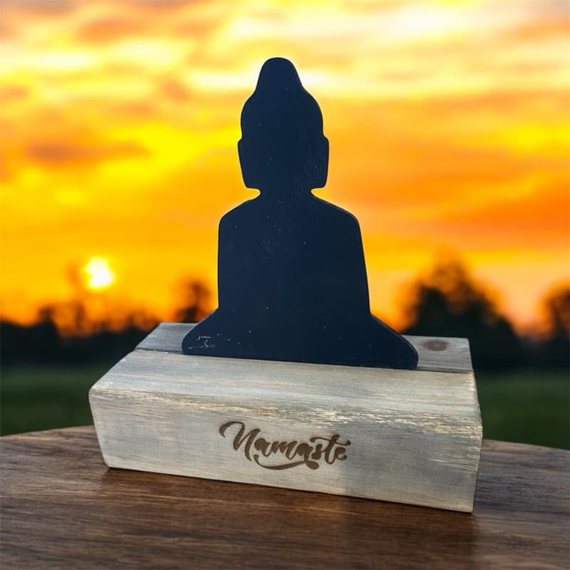 Palavra simbolo decorativo Namaste estátua escultura  Zen Buda com base de madeira para mesa ou estante presente brinde