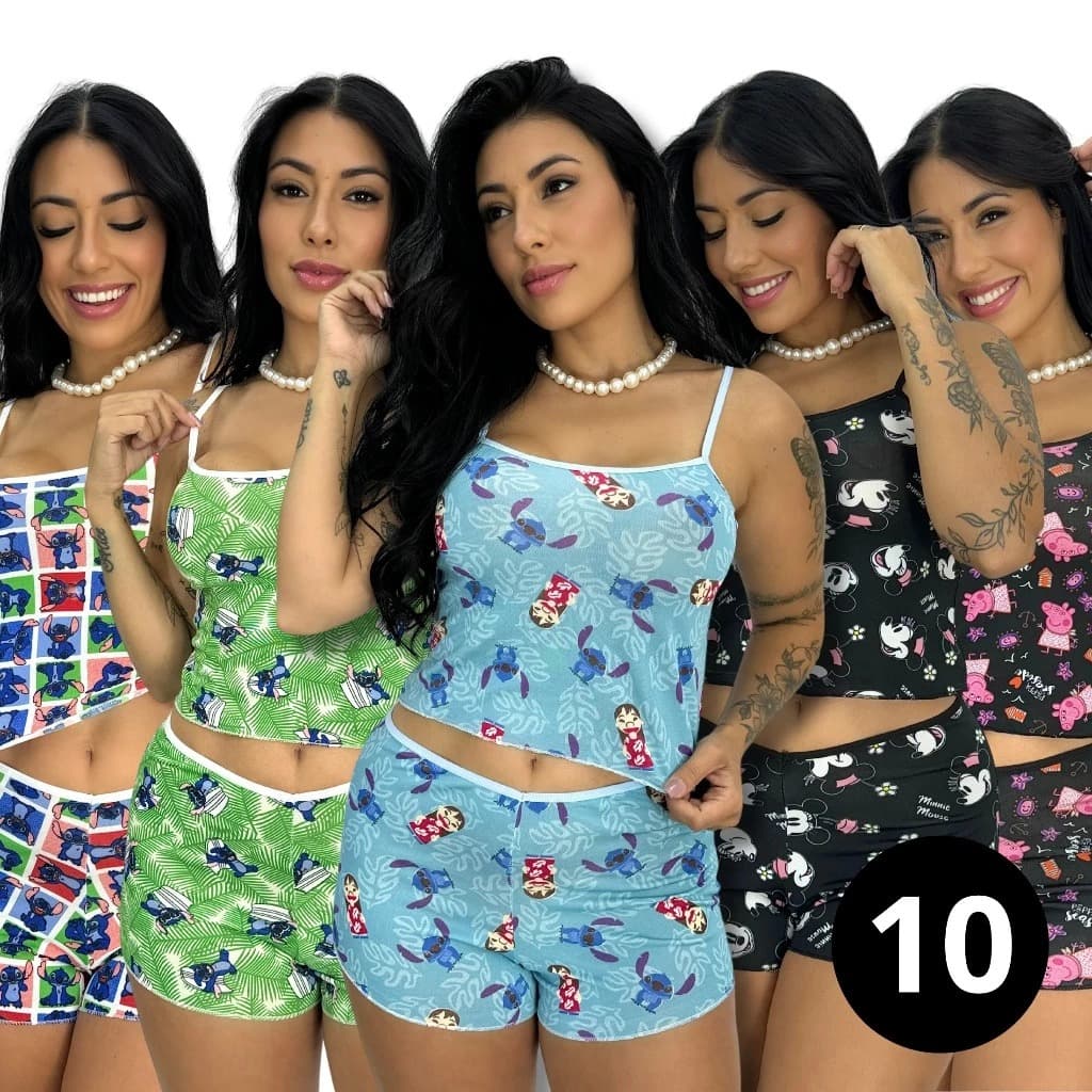 KIT 10 Pijamas Baby Doll Micro Estampado Conjunto Feminino SAPEQUINHA Short Doll Curto de Dormir
