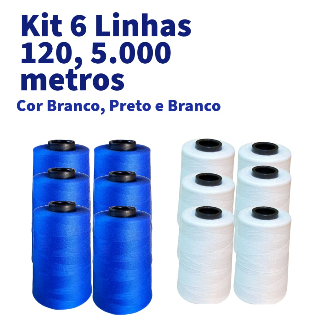 Kit 6 Linhas de Costura 120 - 5.000 Metros - Cor Branco, Preto e Colorido