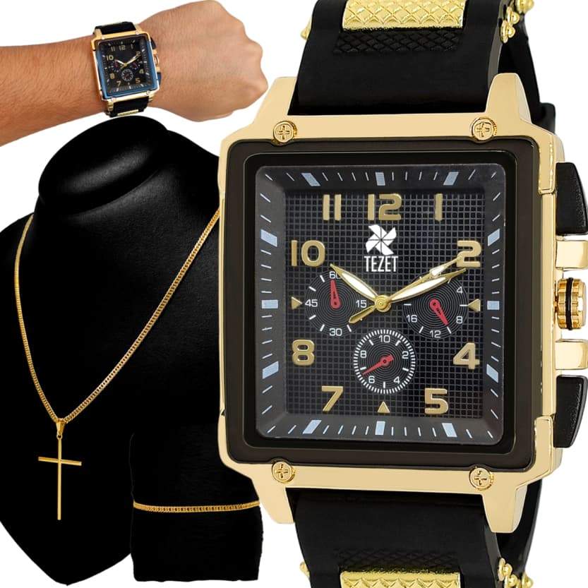 Kit Relógio Masculino Quadrado Luxo Original + Corrente 18k