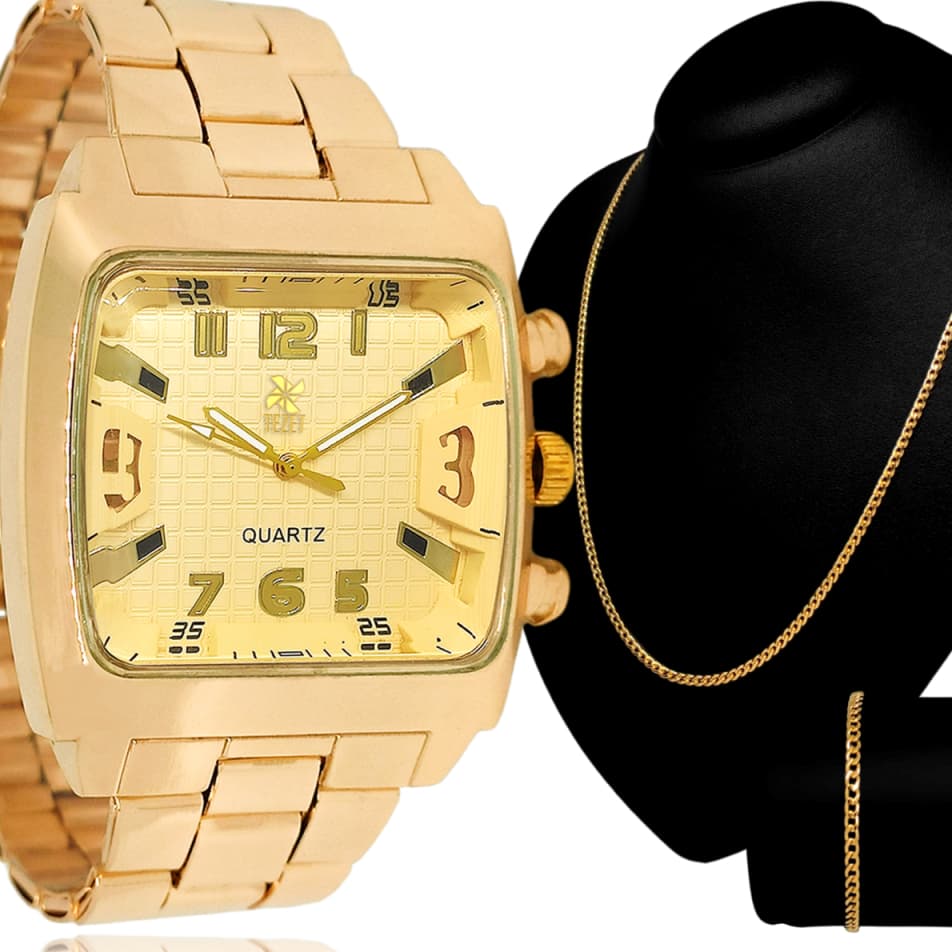 Kit Relógio Masculino Quadrado Top Original + Corrente 18k