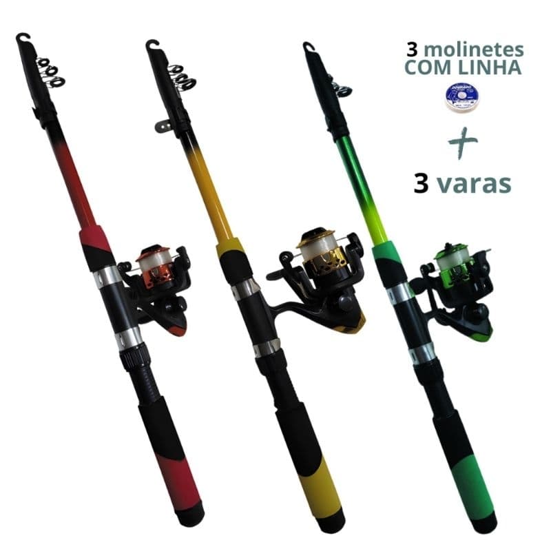 kit pesca 3 varas de 1,50m + 3 molinete com linha + brinde