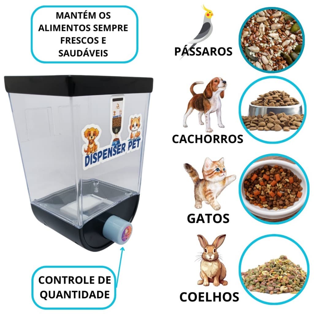 Pote Dispensador Automático de Ração e Sementes 1kg para Cães, Gatos, Pássaros, Coelhos, Hamsters