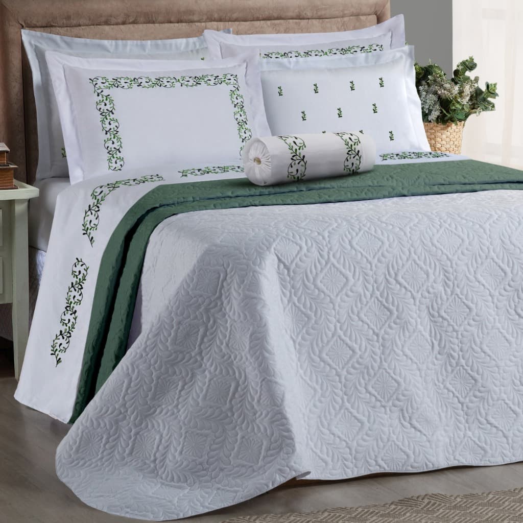 Kit Cobre Leito Verde Florido Ramado Cama Casal Queen 03 Peças Branco Verde