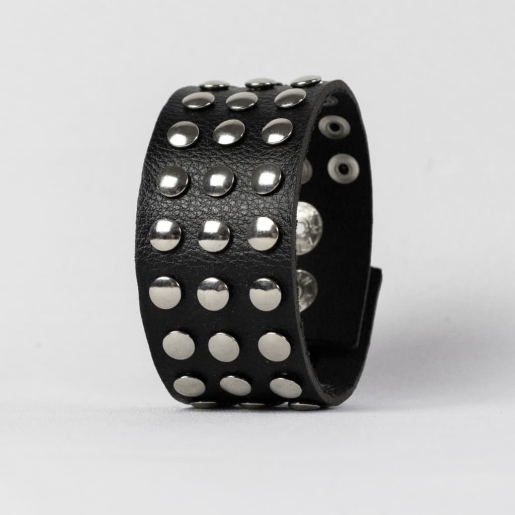 Bracelete RockPulse Em Couro Preto 3 Fileiras Tachas Redondas Punk Rock