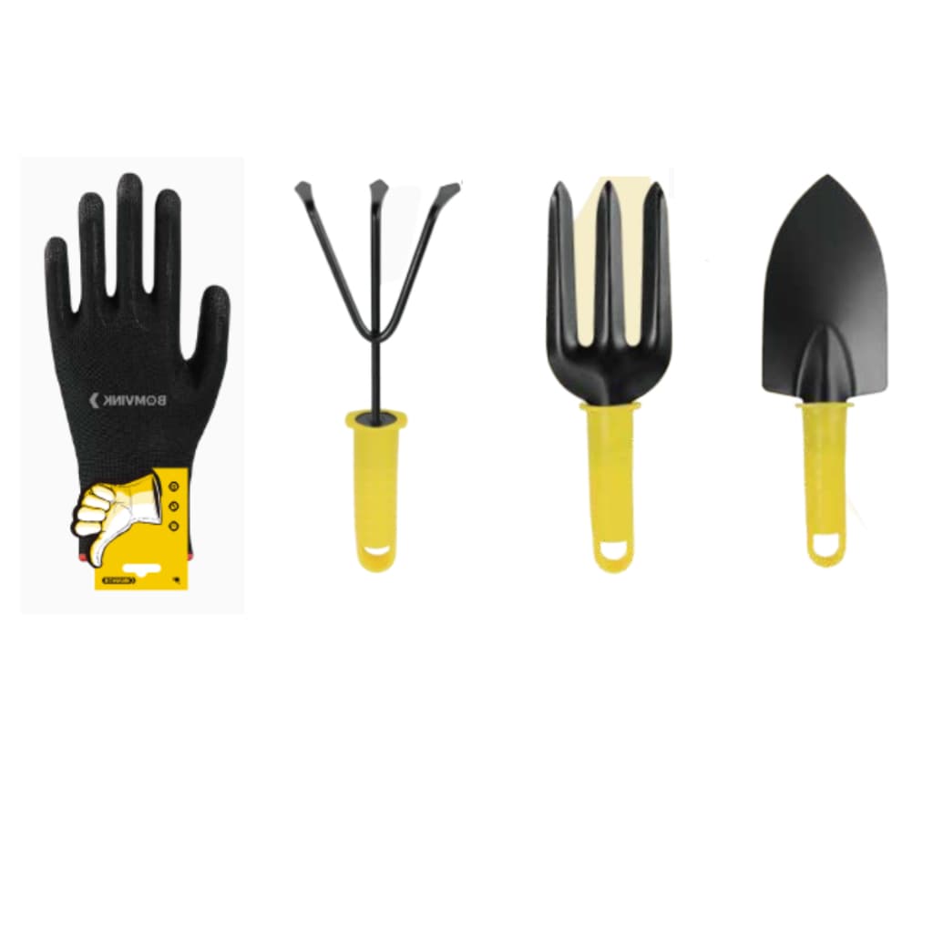 Conjunto KIT com 4 ferramenta de jardinagem jardim par de luvas pu pazinha garfo rastelo horta terra
