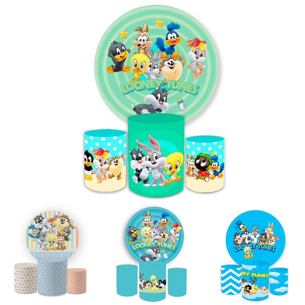 Capa Paineis de Festa Veste Fácil Redondo+ Cilindros Sublimados Tema Looney Tuns Bibi Paineis