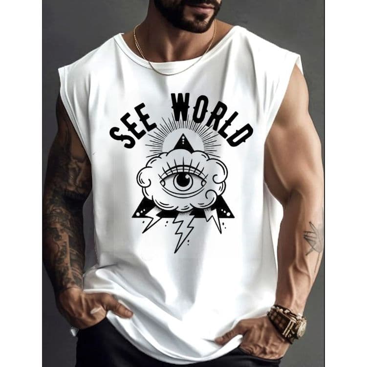 Camiseta Regata Sleeveless World SEE Olhar Raios Masculina Top Larga Moda Masculina Algodão