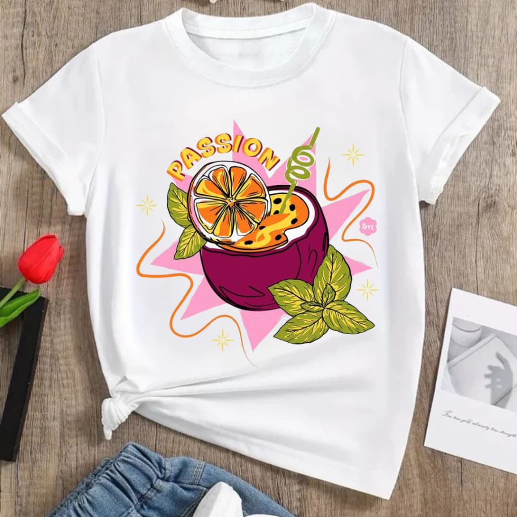 Camiseta Feminina T-shirt Lançamento Estampada Frutas Tropicais Tendência