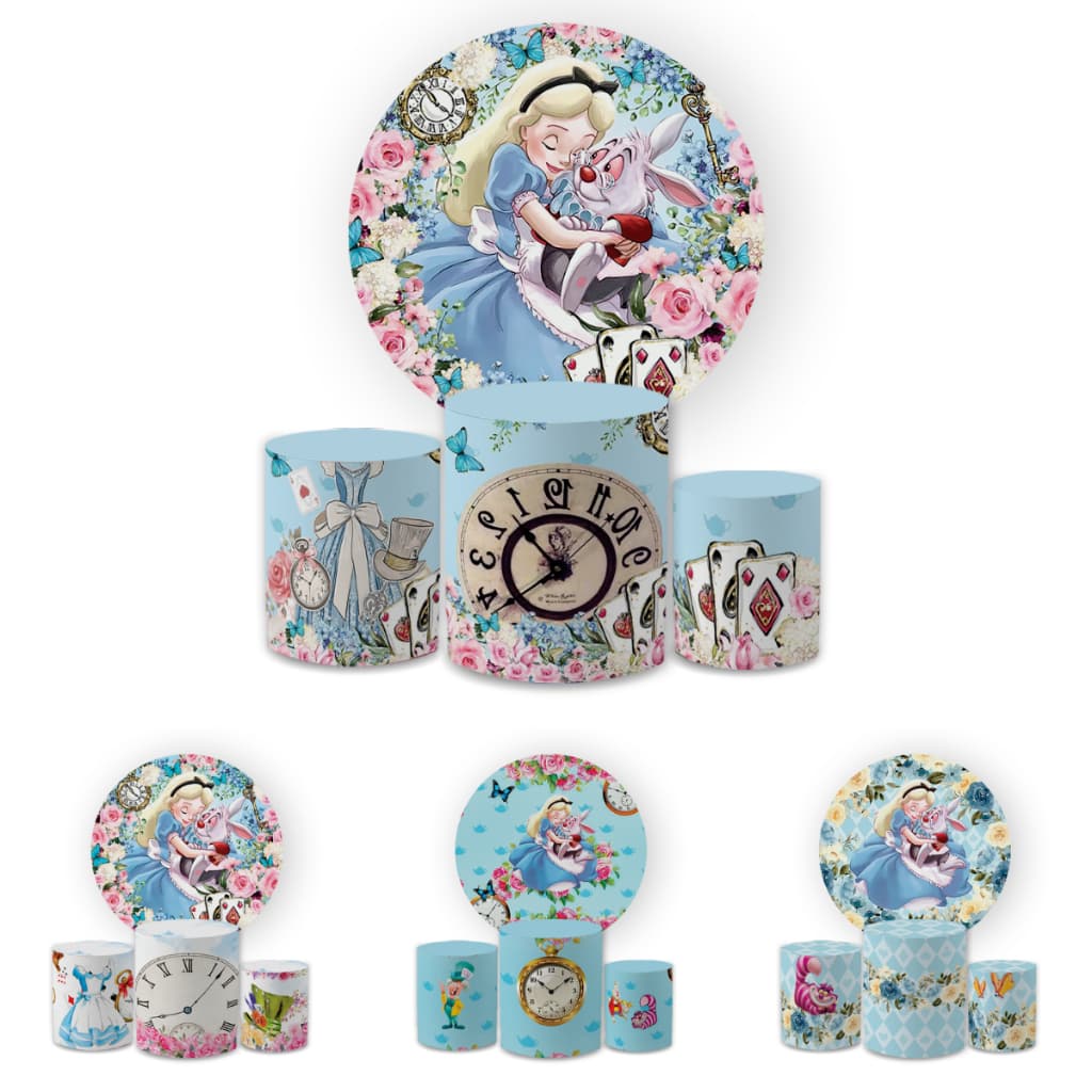 Capa Paineis de Festa Veste Fácil Redondo+ Cilindros Sublimados Malha New Tema Alice P. Maravlhs Decorativo Bibi Paineis