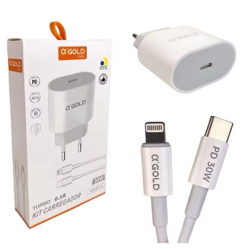 Kit Carregador iPhone Turbo 30W A`Gold Cabo Tipo C iPhone (CA31-2)