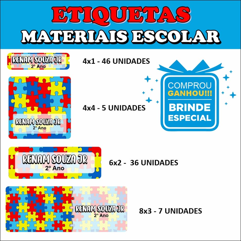 Etiqueta Escolar - TEMA AUTISMO - Adesivos Personalizados - TOTAL DE 94 Adesivos + BRINDE