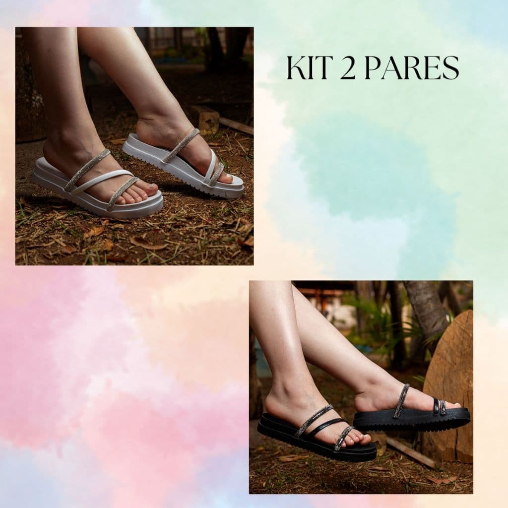 Kit 2 Pares De Sandália Feminina Casual Rasteira Birken Strass Luxo Bloguerinha
