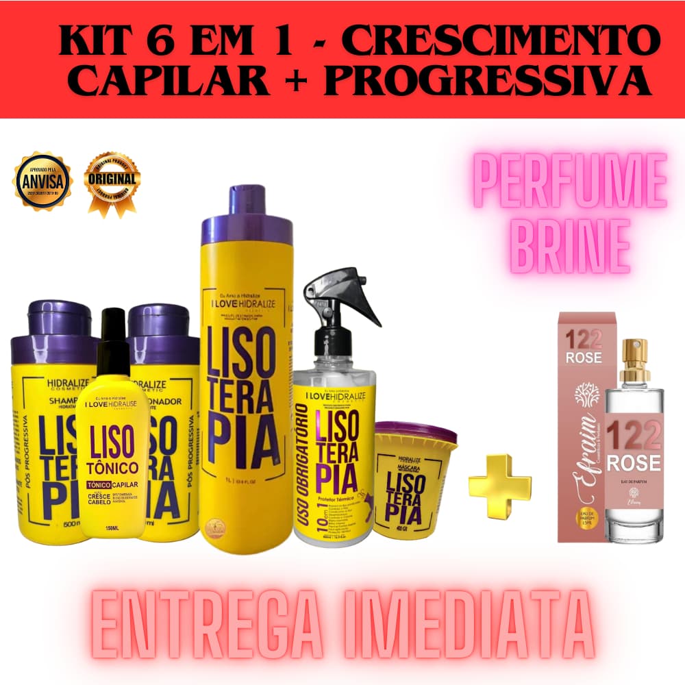 Kit 6 em 1 Lisoterapia - Escova progressiva, Shampoo e Condici. Máscara e Protetor, Tonico + Brinde