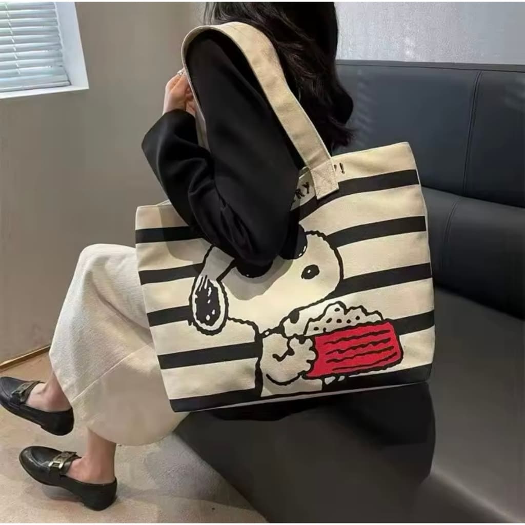 Bolsa Tote Sacola de Ombro Mão de Grande Capacidade Feminina Snoopy Canvas Bolsa Com Alça e Zíper