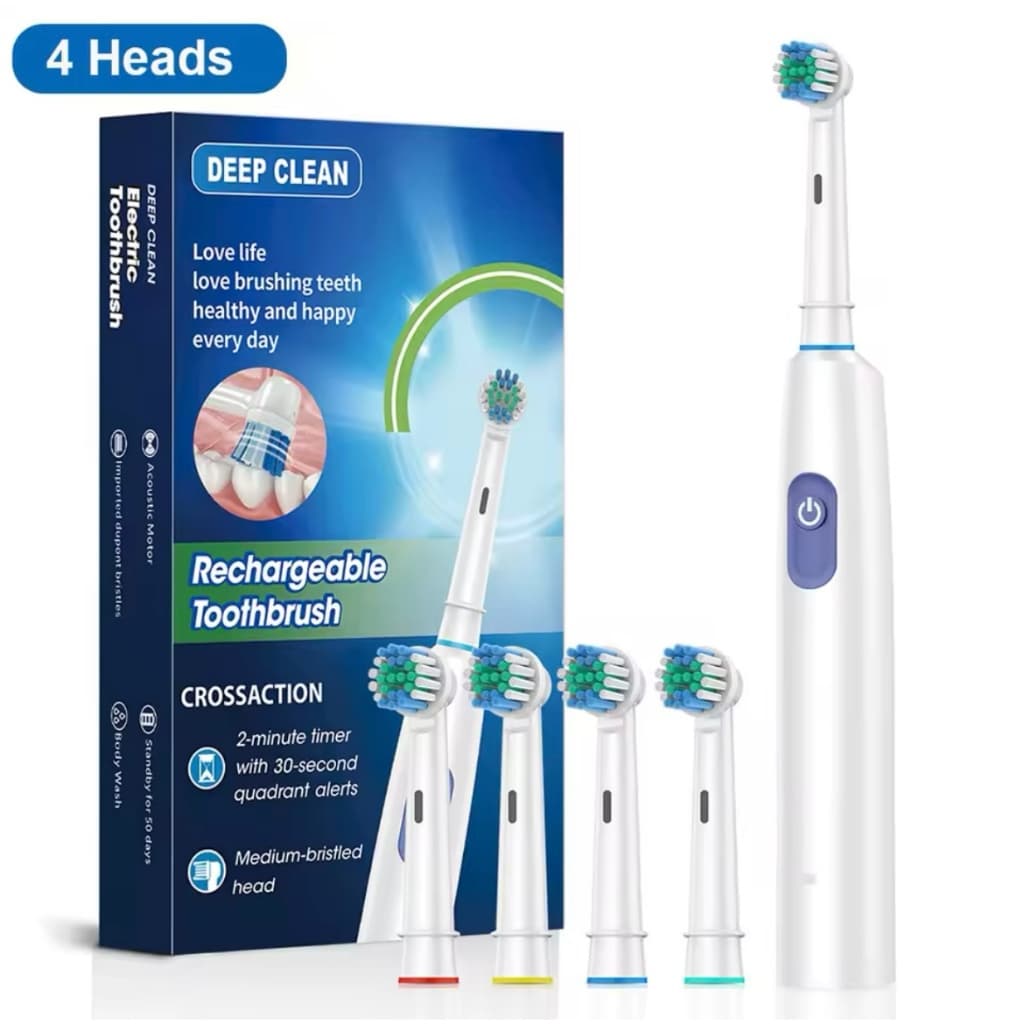Escova de Dentes Elétrica Rotativa Recarregável Com 4 Cabeças Para Adultos - Carga Dura Até 30 Dias