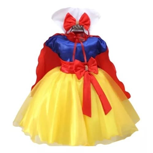 Vestido Infantil Menina Branca De Neve Festa Aniversario Tematico Com Capa E Tiara