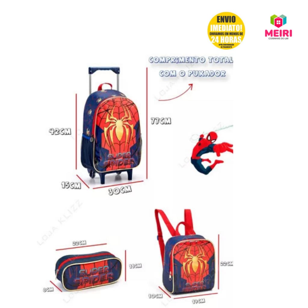 Kit Mochila Escolar  Rodinha 16" Homem Aranha  e Mega Heroi  Lancheira Térmica Estojo Seanite .