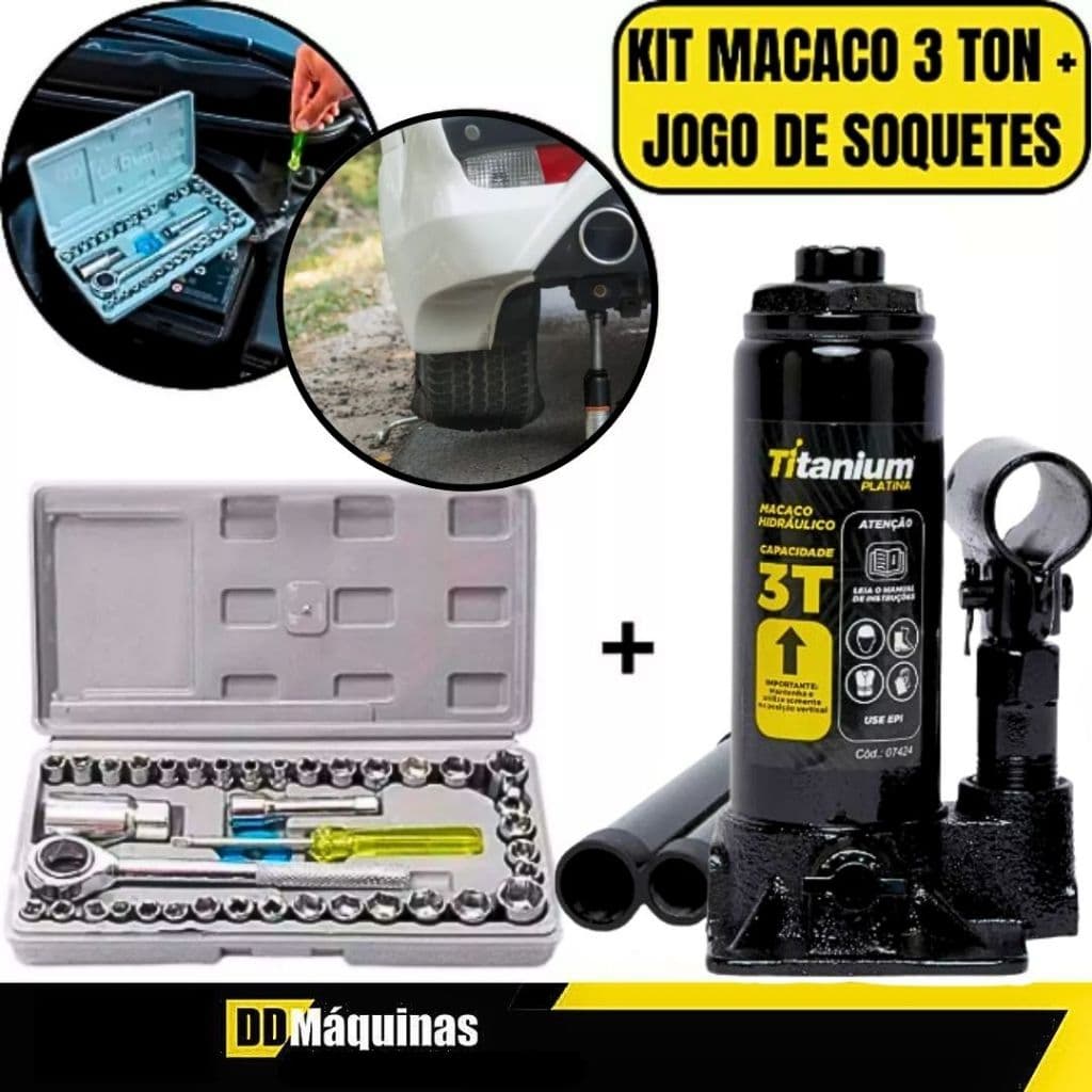 Kit Soquetes Com Chave Reversível 40 Peças + Macaco Hidráulico Garrafa 3 Toneladas -Titanium/Fasterr