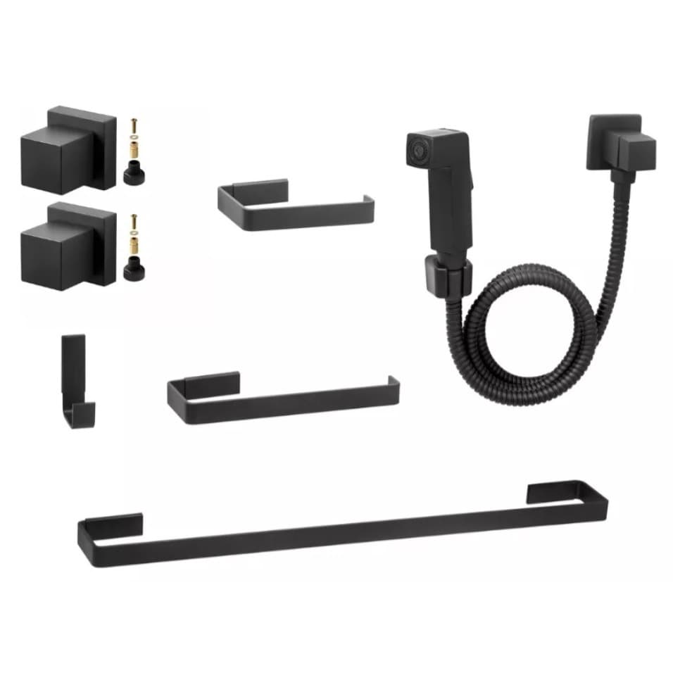 Kit de Acessórios Para Banheiro Quadrado Preto Fosco + 1 Ducha Higiênica + 2 Acabamento Padrão Docol