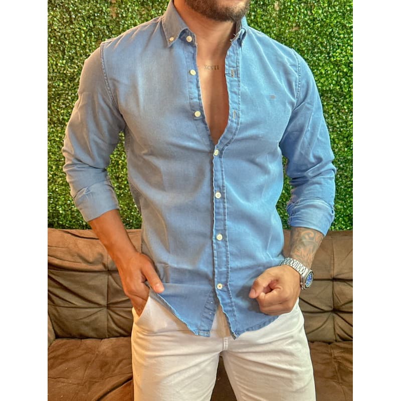 Nova coleção Camisas Jeans 2 cores P ao XXg algodão lavado e amaciado social e casual P ao XXg