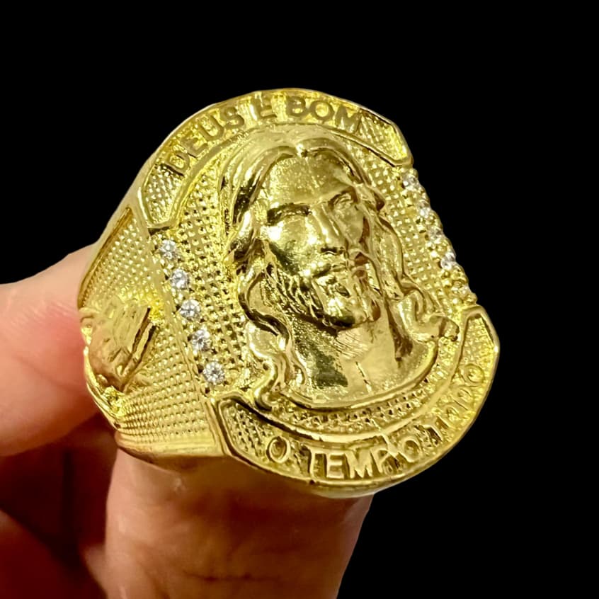 ANEL DEDEIRA JESUS CRISTO 3D MOEDA ANTIGA 4862 DEUS  SEMIJÓIA 7 00 SORTE FÉ MASCULINO COR OURO 18K