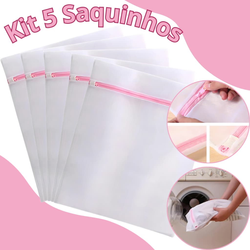 Kit 5 Sacos para Máquina de Lavar Roupas Delicadas Peças Íntimas e Organizar Mala C/ Zíper Reforçado