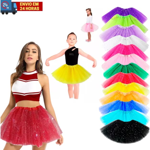 Saia De Tule Tutu Adulto com Glitter ou Lisa Colorida Festa Carnaval Fantasia