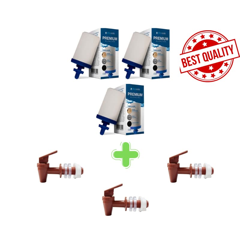 Kit 3 Velas Tripla Ação Alcalinas Oasis + 3 Torneira Para Filtro De Barro Promoção
