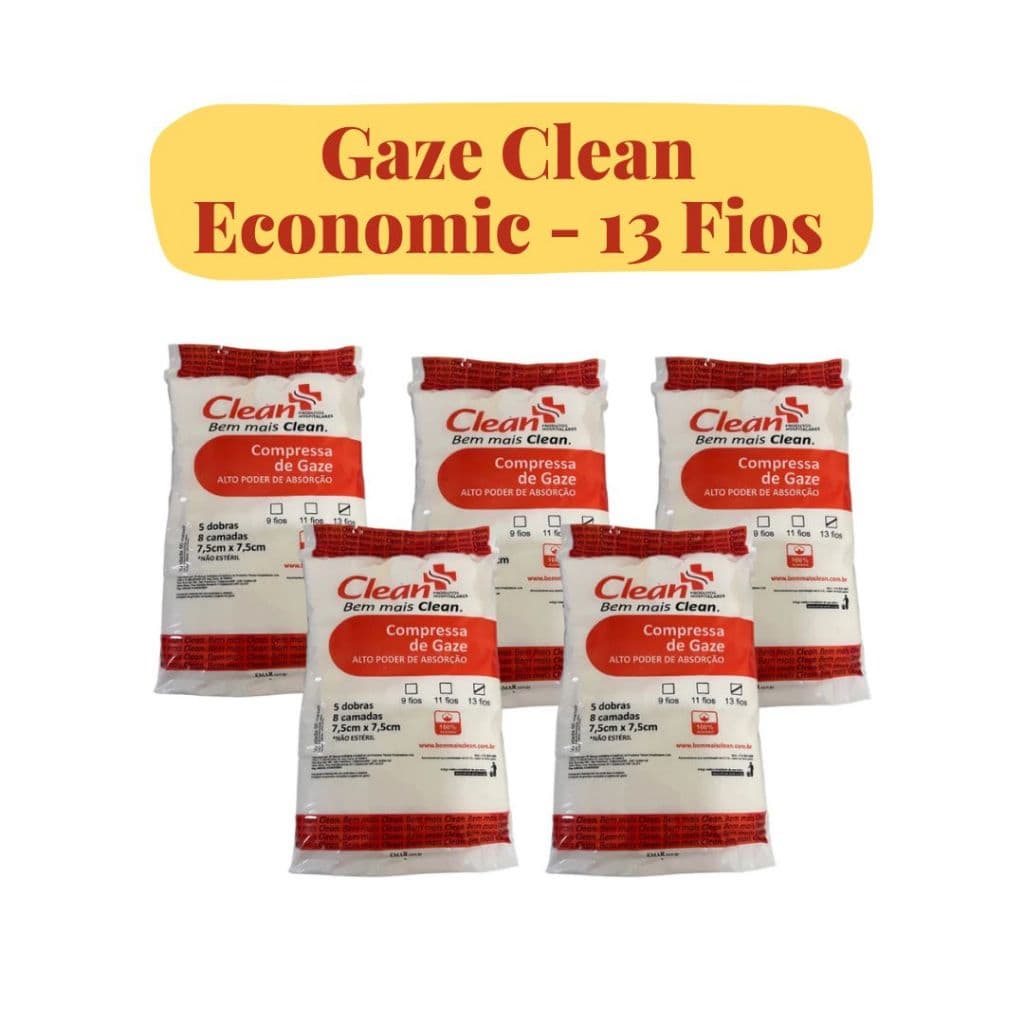 Kit 5 Pacotes Compressa de Gaze 13 Fios Hidrófila 100% Algodão para Curativo Clean Economic