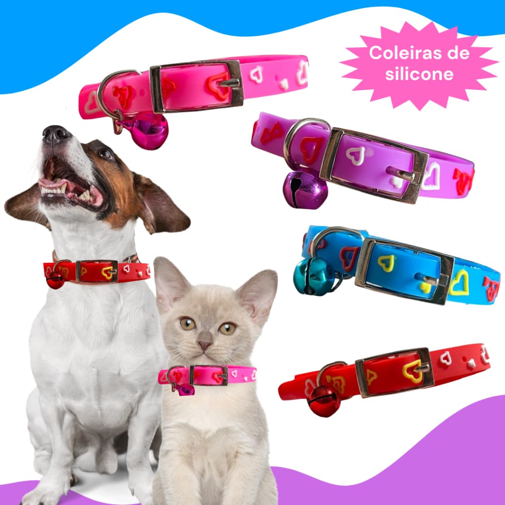Coleiras Silicone Impermeável c/ Sino Pets Gato Cachorro Porte Pequeno - Macia e Resistente